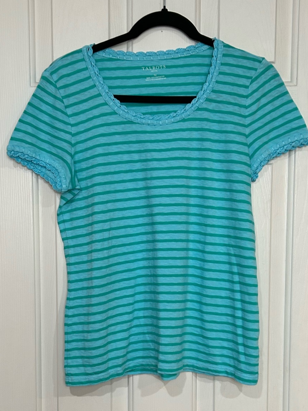 Talbots Petite Blue & Green Striped Crochet Trim Top Size Small SP 100% Cotton